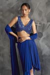 Buy_Manika Nanda_Blue Raw Silk Embroidery Sequin V Neck Gardenia Blouse Draped Skirt Set 