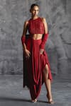 Buy_Manika Nanda_Red Raw Silk Embroidery Sequin Halter Rose Gardenia Blouse Draped Skirt Set _at_Aza_Fashions