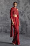 Manika Nanda_Red Raw Silk Embroidery Sequin Halter Rose Gardenia Blouse Draped Skirt Set _Online_at_Aza_Fashions