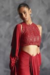 Shop_Manika Nanda_Red Raw Silk Embroidery Sequin Halter Rose Gardenia Blouse Draped Skirt Set _Online_at_Aza_Fashions