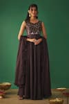 Buy_Mehak Murpana_Wine Satin Linen Embroidery Mirror Leaf Neck Anarkali With Ruffle Dupatta _at_Aza_Fashions