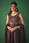 Mehak Murpana_Wine Satin Linen Embroidery Mirror Leaf Neck Anarkali With Ruffle Dupatta _Online_at_Aza_Fashions