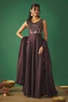 Buy_Mehak Murpana_Wine Satin Linen Embroidery Mirror Leaf Neck Anarkali With Ruffle Dupatta _Online_at_Aza_Fashions