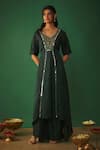 Buy_Mehak Murpana_Green Satin Linen Embroidery Mirror V Neck Work Kurta And Flared Pant Set _at_Aza_Fashions