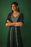 Buy_Mehak Murpana_Green Satin Linen Embroidery Mirror V Neck Work Kurta And Flared Pant Set _Online_at_Aza_Fashions