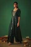 Mehak Murpana_Green Satin Linen Embroidery Mirror V Neck Work Kurta And Flared Pant Set _at_Aza_Fashions