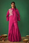 Buy_Mehak Murpana_Magenta Satin Linen Embroidery Bead Mandarin Asymmetric Kurta And Sharara Set _at_Aza_Fashions