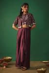 Buy_Mehak Murpana_Wine Milano Satin Embroidery Mirror Jacket Open Work Cropped Dhoti Skirt Set _at_Aza_Fashions