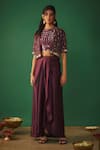 Buy_Mehak Murpana_Wine Milano Satin Embroidery Mirror Jacket Open Work Cropped Dhoti Skirt Set _Online_at_Aza_Fashions