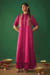 Buy_Mehak Murpana_Magenta Satin Linen Embroidery Mirror Asymmetric Kurta And Flared Pant Set _at_Aza_Fashions