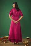 Shop_Mehak Murpana_Magenta Satin Linen Embroidery Mirror Asymmetric Kurta And Flared Pant Set _at_Aza_Fashions