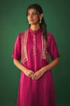 Buy_Mehak Murpana_Magenta Satin Linen Embroidery Mirror Asymmetric Kurta And Flared Pant Set _Online_at_Aza_Fashions