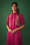 Shop_Mehak Murpana_Magenta Satin Linen Embroidery Mirror Asymmetric Kurta And Flared Pant Set _Online_at_Aza_Fashions