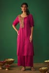 Buy_Mehak Murpana_Magenta Satin Linen Embroidery Zardozi Floral Pattern Kurta And Flared Pant Set _at_Aza_Fashions