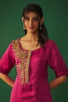 Buy_Mehak Murpana_Magenta Satin Linen Embroidery Zardozi Floral Pattern Kurta And Flared Pant Set _Online_at_Aza_Fashions