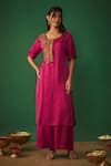 Shop_Mehak Murpana_Magenta Satin Linen Embroidery Zardozi Floral Pattern Kurta And Flared Pant Set _Online_at_Aza_Fashions