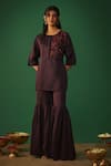 Buy_Mehak Murpana_Wine Satin Linen Embroidery Zardozi Round High Low Kurta And Sharara Set _at_Aza_Fashions