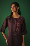 Mehak Murpana_Wine Satin Linen Embroidery Zardozi Round High Low Kurta And Sharara Set _Online_at_Aza_Fashions