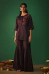 Shop_Mehak Murpana_Wine Satin Linen Embroidery Zardozi Round High Low Kurta And Sharara Set _Online_at_Aza_Fashions