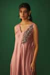 Mehak Murpana_Pink Milano Satin Embroidery Zardozi V Neck Placement Kurta And Flared Pant Set _Online_at_Aza_Fashions