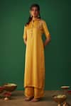 Buy_Mehak Murpana_Yellow Milano Satin Embroidery Mukaish Mandarin Collar Work Kurta And Pant Set _at_Aza_Fashions