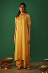 Buy_Mehak Murpana_Yellow Milano Satin Embroidery Mukaish Mandarin Collar Work Kurta And Pant Set _Online_at_Aza_Fashions