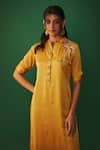 Mehak Murpana_Yellow Milano Satin Embroidery Mukaish Mandarin Collar Work Kurta And Pant Set _at_Aza_Fashions