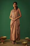 Buy_Mehak Murpana_Beige Milano Satin Embroidery Rose Applique Mandarin Collar Mukaish Draped Gown _at_Aza_Fashions