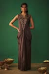 Buy_Mehak Murpana_Brown Milano Satin Embroidery Rose Applique Notched Floral Yoke Draped Gown _at_Aza_Fashions