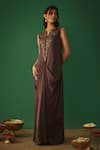 Mehak Murpana_Brown Milano Satin Embroidery Rose Applique Notched Floral Yoke Draped Gown _Online_at_Aza_Fashions