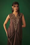 Buy_Mehak Murpana_Brown Milano Satin Embroidery Rose Applique Notched Floral Yoke Draped Gown _Online_at_Aza_Fashions