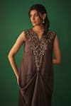 Shop_Mehak Murpana_Brown Milano Satin Embroidery Rose Applique Notched Floral Yoke Draped Gown _Online_at_Aza_Fashions