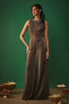 Buy_Mehak Murpana_Grey Textured Satin Embroidery Zardozi Boat Neck Floral Neckline Jumpsuit _at_Aza_Fashions