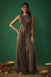 Mehak Murpana_Grey Textured Satin Embroidery Zardozi Boat Neck Floral Neckline Jumpsuit _Online_at_Aza_Fashions