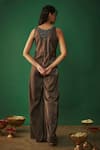 Mehak Murpana_Grey Textured Satin Embroidery Zardozi Boat Neck Floral Neckline Jumpsuit _at_Aza_Fashions