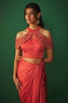 Mehak Murpana_Orange Milano Satin Embroidery Zardozi Halter Neck Top And Dhoti Draped Skirt Set _Online_at_Aza_Fashions