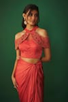 Buy_Mehak Murpana_Orange Milano Satin Embroidery Zardozi Halter Neck Top And Dhoti Draped Skirt Set _Online_at_Aza_Fashions