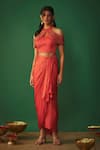 Buy_Mehak Murpana_Orange Milano Satin Embroidery Zardozi Halter Neck Top And Dhoti Draped Skirt Set 