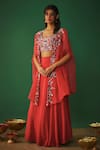 Buy_Mehak Murpana_Red Crepe Embroidery Thread Cape Open Lehenga Set _at_Aza_Fashions