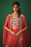 Mehak Murpana_Red Crepe Embroidery Thread Cape Open Lehenga Set _at_Aza_Fashions