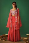 Buy_Mehak Murpana_Red Crepe Embroidery Thread Cape Open Lehenga Set 