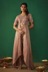 Buy_Mehak Murpana_Beige Satin Linen Embroidery Mirror Notched Work Kurta And Dhoti Pant Set _at_Aza_Fashions