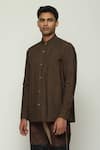 Abraham & Thakore_Brown 100% Cotton Poplin Print Crewel Shirt _at_Aza_Fashions