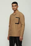 Shop_Abraham & Thakore_Brown 100% Cotton Poplin Placement Print Block Shirt _Online_at_Aza_Fashions