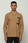 Abraham & Thakore_Brown 100% Cotton Poplin Placement Print Block Shirt _at_Aza_Fashions