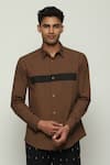 Abraham & Thakore_Brown 100% Cotton Poplin Placement Print Panel Shirt _Online_at_Aza_Fashions