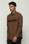 Buy_Abraham & Thakore_Brown 100% Cotton Poplin Placement Print Panel Shirt _Online_at_Aza_Fashions