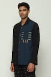 Abraham & Thakore_Black 100% Cotton Poplin Placement Print Block Two Tone Shirt _at_Aza_Fashions