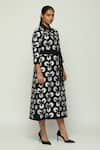 Buy_Abraham & Thakore_Black 100% Cottopn Compact Voile Collared Ottoman Moon Pattern Midi Dress _Online_at_Aza_Fashions