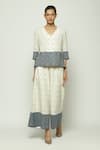 Buy_Abraham & Thakore_Off White 100% Cotton Jamdani V Neck Border Dot Print Top _at_Aza_Fashions